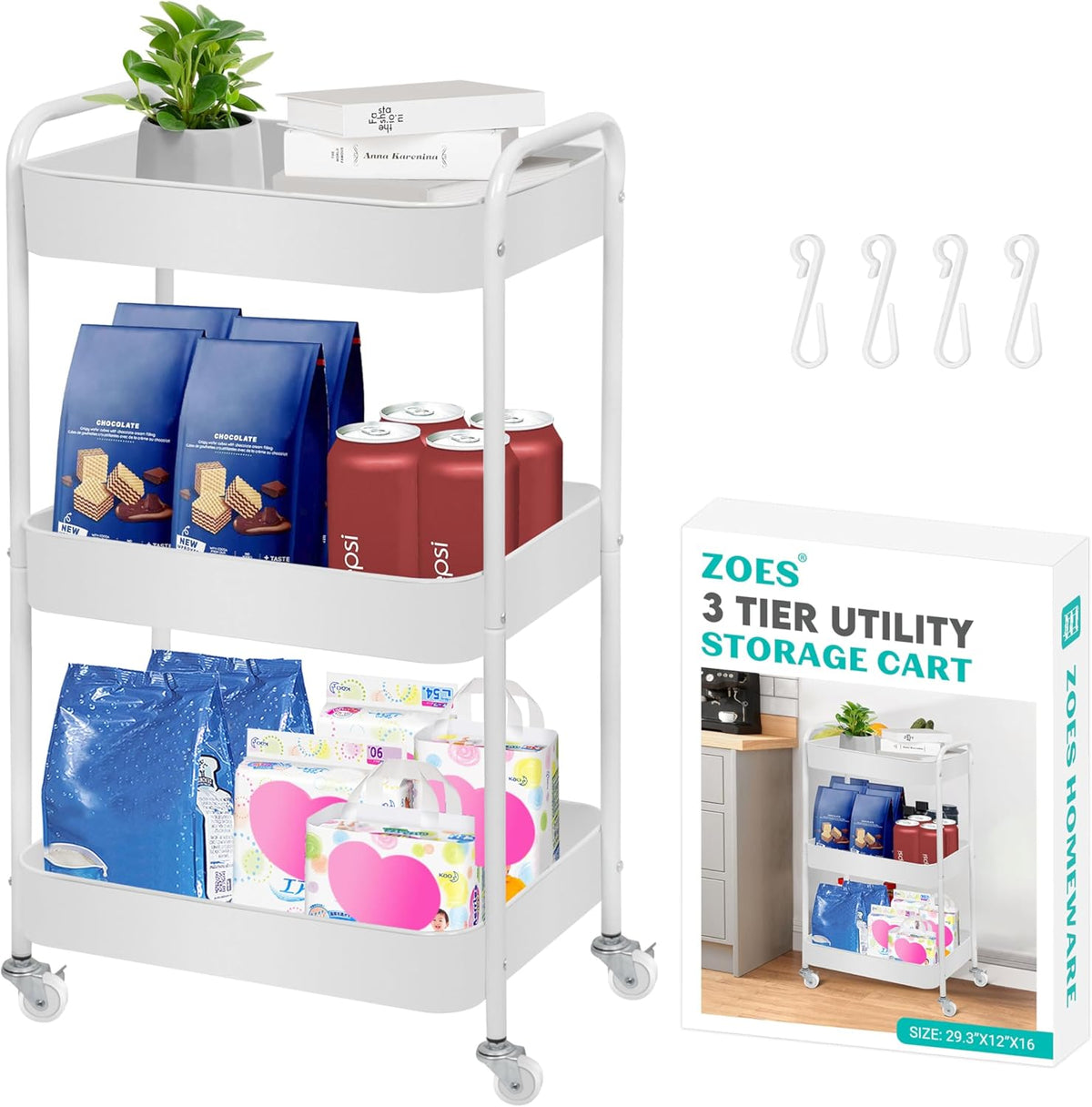 3 Tier Metal Rolling Cart on Wheels,Heavy Duty Utility Cart