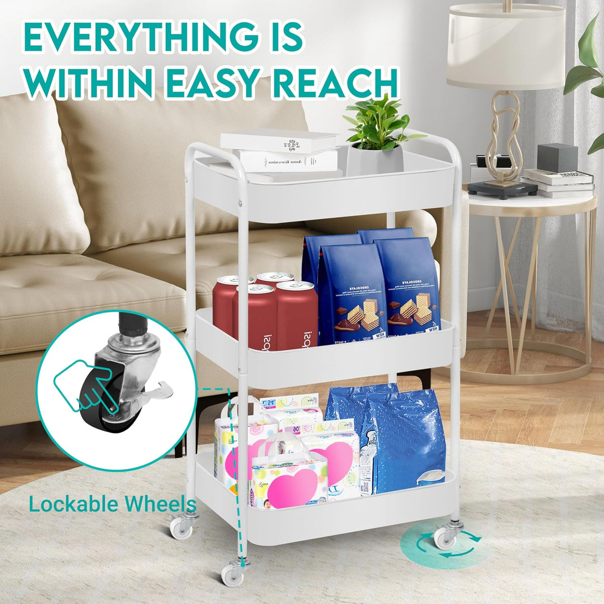3 Tier Metal Rolling Cart on Wheels,Heavy Duty Utility Cart