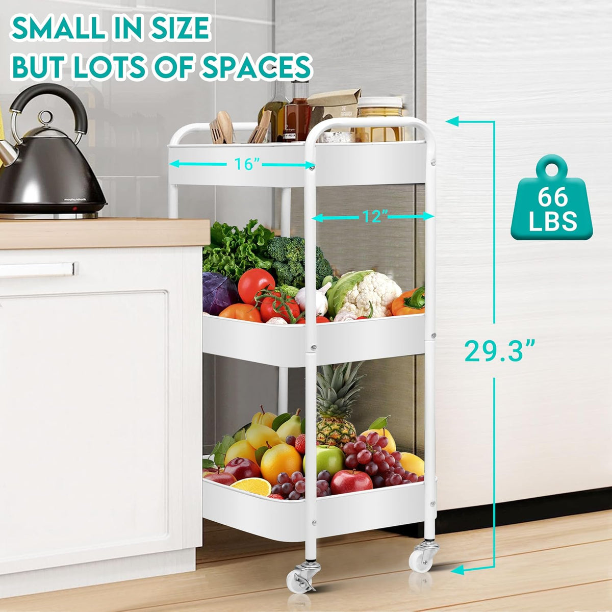 3 Tier Metal Rolling Cart on Wheels,Heavy Duty Utility Cart