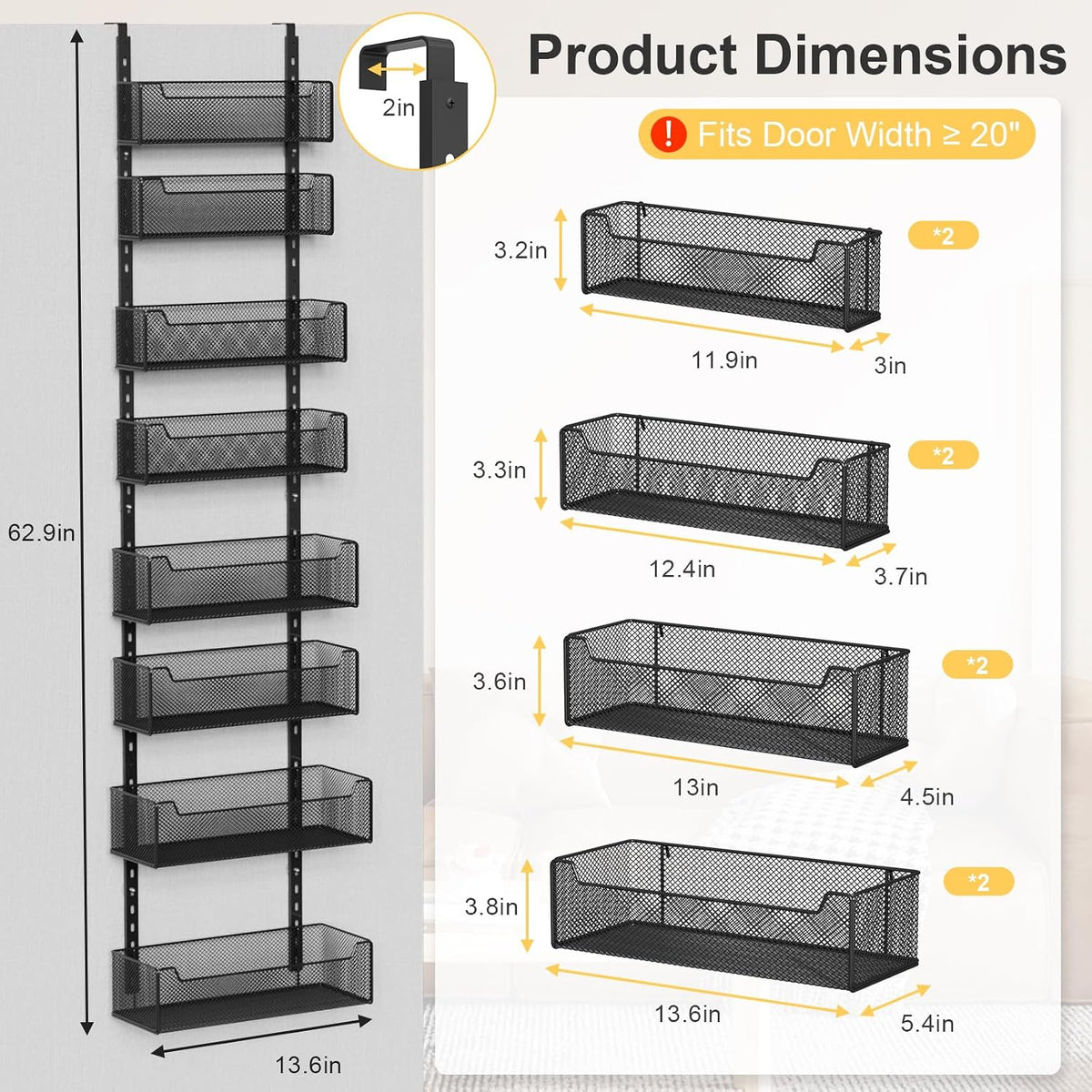 Over the Door Organizer, 8-Tier Pantry Organizer with Fully Enclosed Mesh Baskets, Heavy-Duty Metal Hanging Spice Rack for Kitchen Bathroom Laundry Room, 2-in-1 Wall Mount or Door Mount, Black