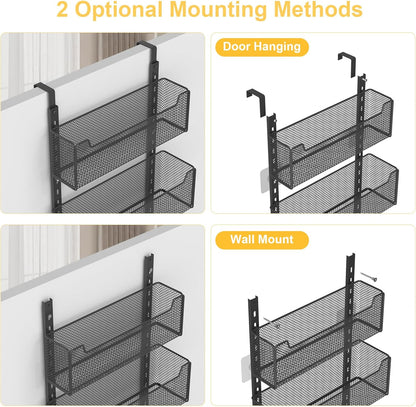 Over the Door Organizer, 8-Tier Pantry Organizer with Fully Enclosed Mesh Baskets, Heavy-Duty Metal Hanging Spice Rack for Kitchen Bathroom Laundry Room, 2-in-1 Wall Mount or Door Mount, Black