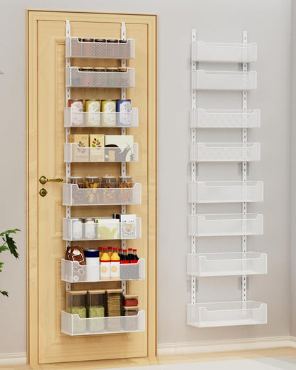 Over the Door Organizer, 8-Tier Pantry Organizer with Fully Enclosed Mesh Baskets, Heavy-Duty Metal Hanging Spice Rack for Kitchen Bathroom Laundry Room, 2-in-1 Wall Mount or Door Mount, Black