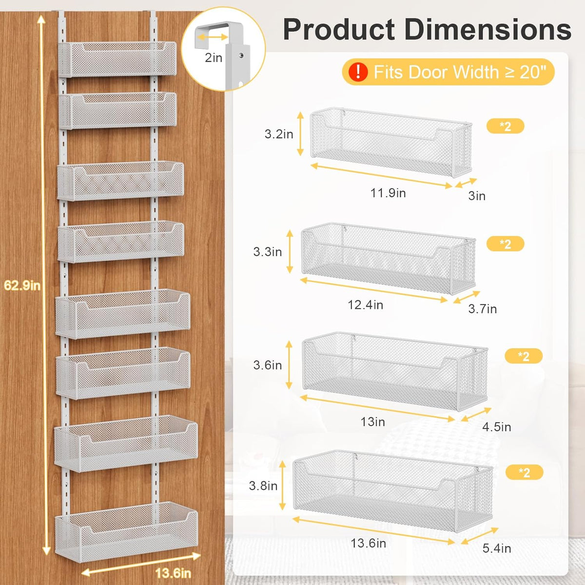 Over the Door Organizer, 8-Tier Pantry Organizer with Fully Enclosed Mesh Baskets, Heavy-Duty Metal Hanging Spice Rack for Kitchen Bathroom Laundry Room, 2-in-1 Wall Mount or Door Mount, Black