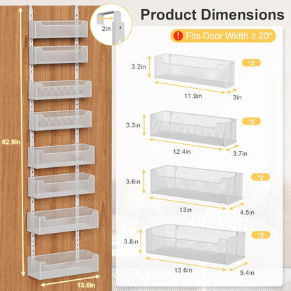 Over the Door Organizer, 8-Tier Pantry Organizer with Fully Enclosed Mesh Baskets, Heavy-Duty Metal Hanging Spice Rack for Kitchen Bathroom Laundry Room, 2-in-1 Wall Mount or Door Mount, Black