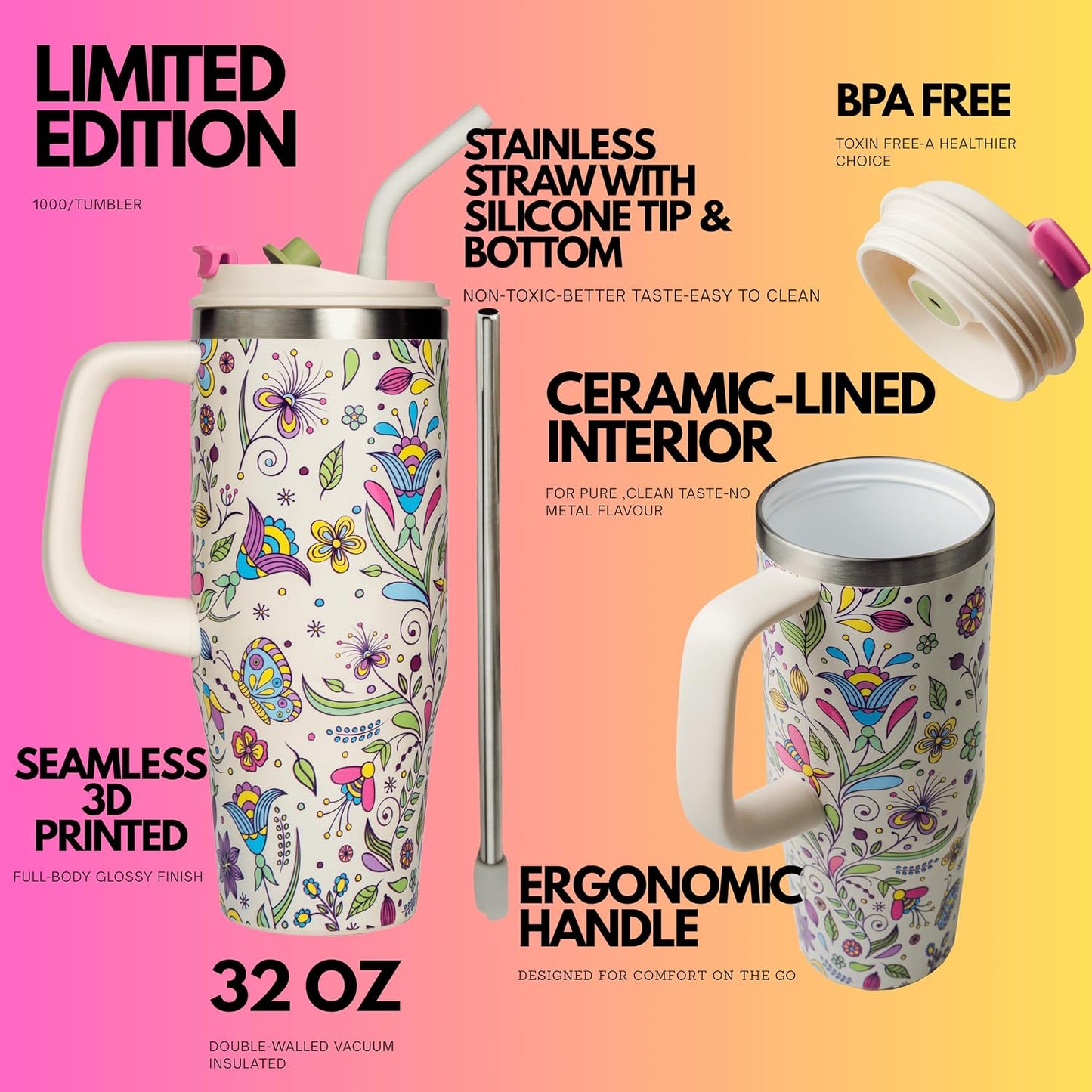 32 Oz Insulated Stainless Steel Tumbler with Handle and Straw lid | Limited Edition | Ceramic Lined Interior | Leak-proof | Travel Mug for Hot/Cold Drink | Carrying Bag Gift Noir-Oasis.