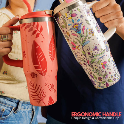 32 Oz Insulated Stainless Steel Tumbler with Handle and Straw lid | Limited Edition | Ceramic Lined Interior | Leak-proof | Travel Mug for Hot/Cold Drink | Carrying Bag Gift Noir-Oasis.