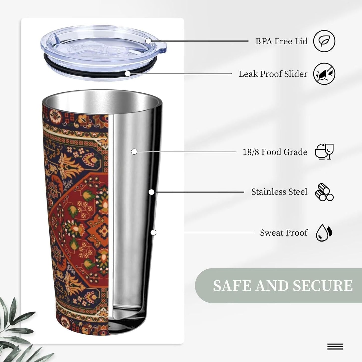 Botanical Print Floral Tumbler Coffee Mug with Lid Straw 20oz | Stainless Steel Insulated Tumblers Black Sage Green Spring Flower Plant Travel Mug Tea Wine Cup Water Bottle for Women Men
