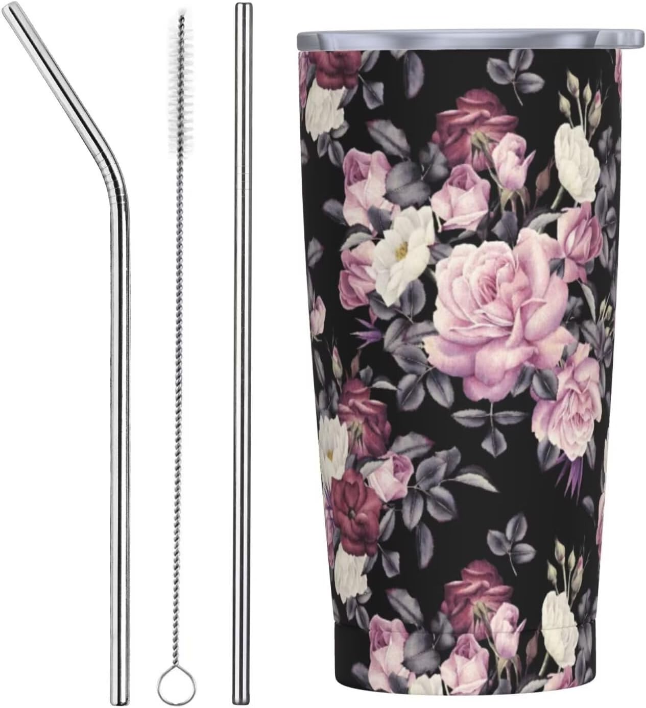 Botanical Print Floral Tumbler Coffee Mug with Lid Straw 20oz | Stainless Steel Insulated Tumblers Black Sage Green Spring Flower Plant Travel Mug Tea Wine Cup Water Bottle for Women Men