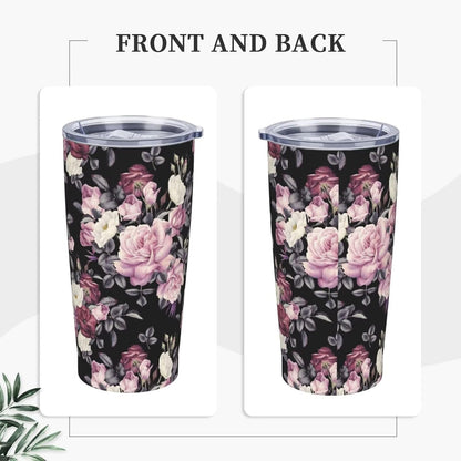 Botanical Print Floral Tumbler Coffee Mug with Lid Straw 20oz | Stainless Steel Insulated Tumblers Black Sage Green Spring Flower Plant Travel Mug Tea Wine Cup Water Bottle for Women Men