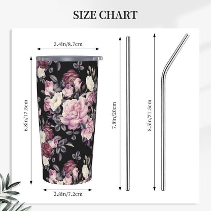Botanical Print Floral Tumbler Coffee Mug with Lid Straw 20oz | Stainless Steel Insulated Tumblers Black Sage Green Spring Flower Plant Travel Mug Tea Wine Cup Water Bottle for Women Men