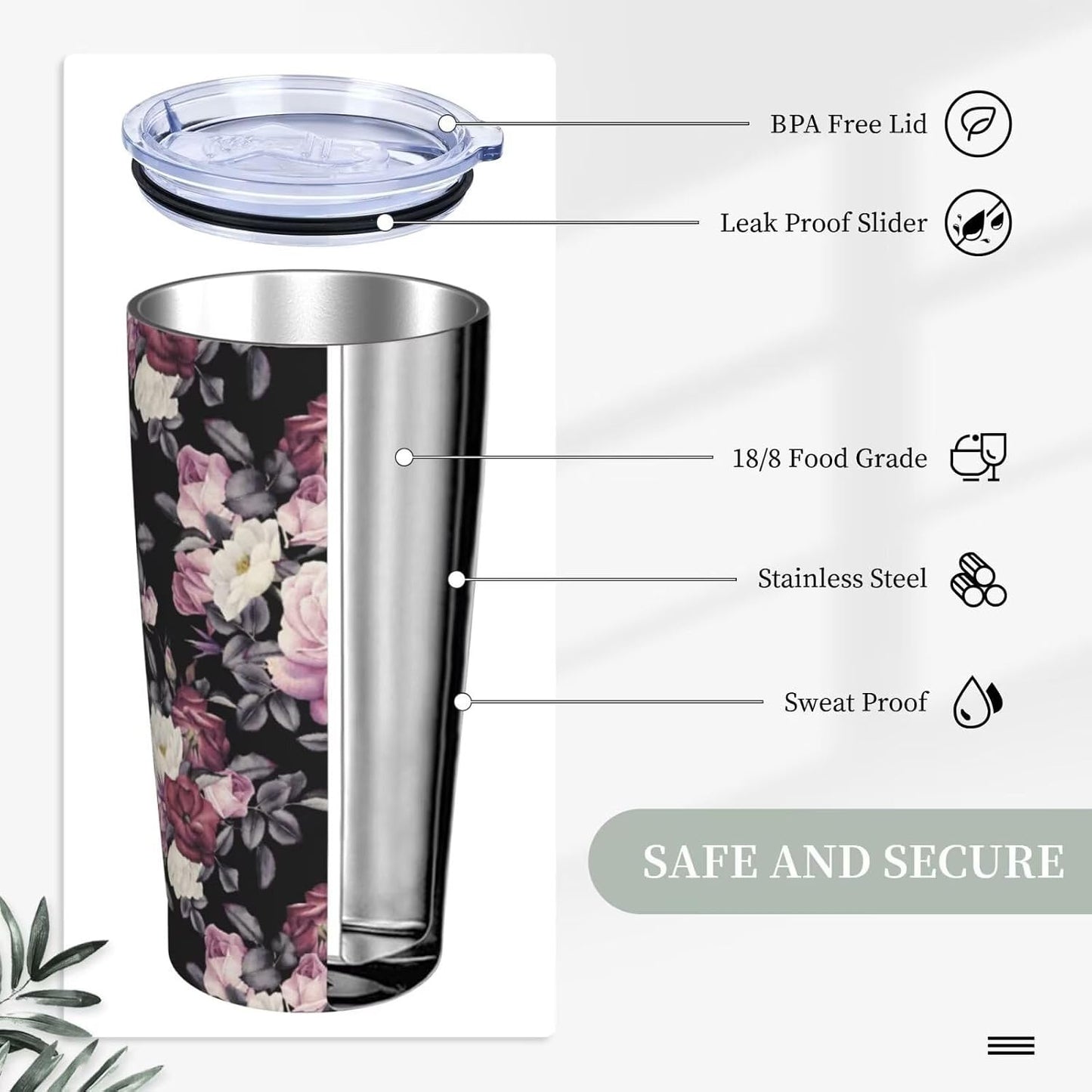 Botanical Print Floral Tumbler Coffee Mug with Lid Straw 20oz | Stainless Steel Insulated Tumblers Black Sage Green Spring Flower Plant Travel Mug Tea Wine Cup Water Bottle for Women Men