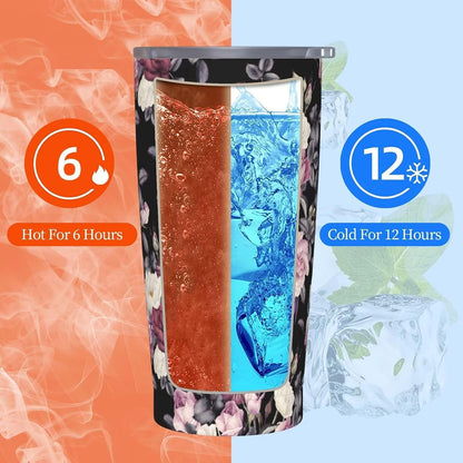 Botanical Print Floral Tumbler Coffee Mug with Lid Straw 20oz | Stainless Steel Insulated Tumblers Black Sage Green Spring Flower Plant Travel Mug Tea Wine Cup Water Bottle for Women Men