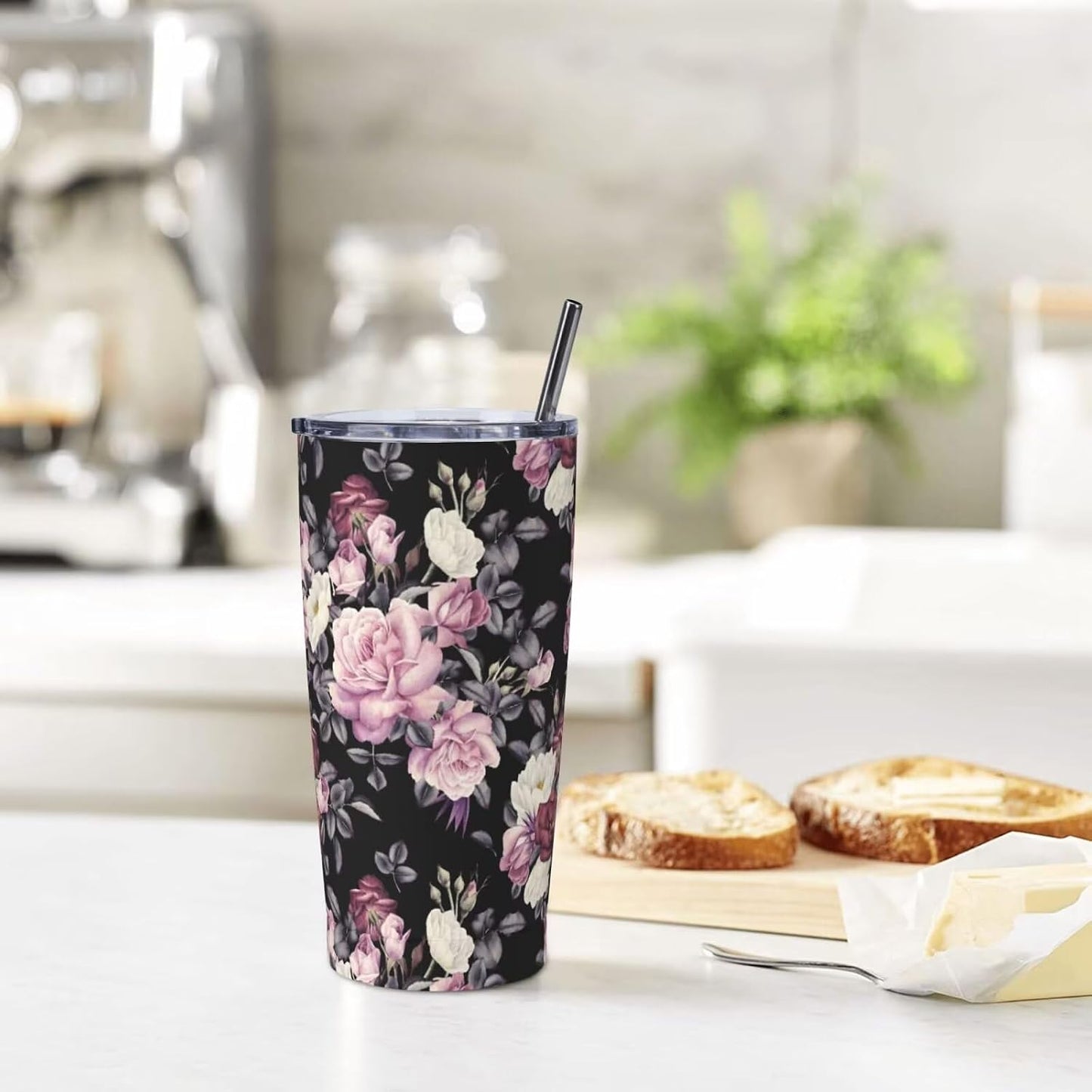 Botanical Print Floral Tumbler Coffee Mug with Lid Straw 20oz | Stainless Steel Insulated Tumblers Black Sage Green Spring Flower Plant Travel Mug Tea Wine Cup Water Bottle for Women Men