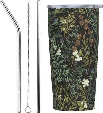 Botanical Print Floral Tumbler Coffee Mug with Lid Straw 20oz | Stainless Steel Insulated Tumblers Black Sage Green Spring Flower Plant Travel Mug Tea Wine Cup Water Bottle for Women Men