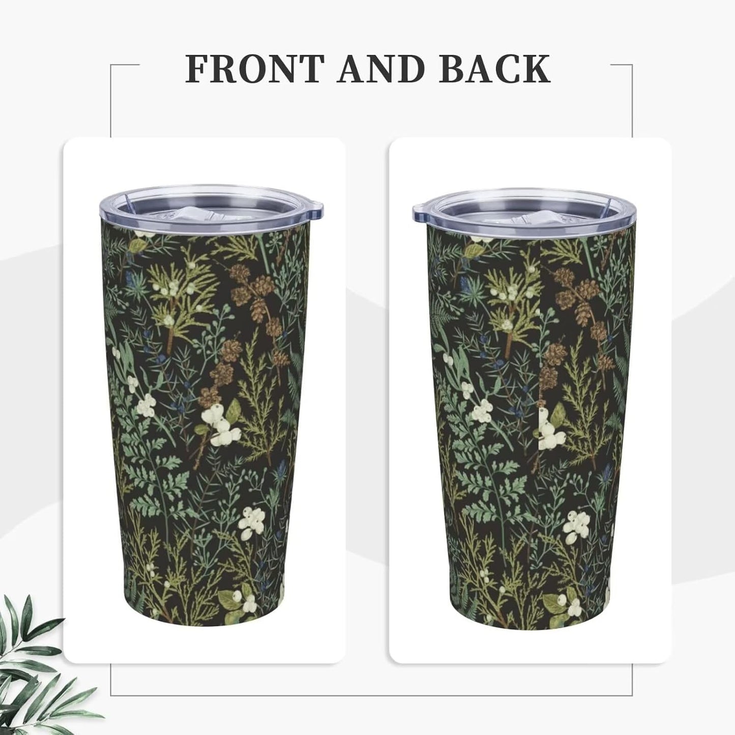 Botanical Print Floral Tumbler Coffee Mug with Lid Straw 20oz | Stainless Steel Insulated Tumblers Black Sage Green Spring Flower Plant Travel Mug Tea Wine Cup Water Bottle for Women Men