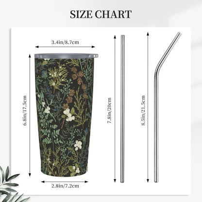 Botanical Print Floral Tumbler Coffee Mug with Lid Straw 20oz | Stainless Steel Insulated Tumblers Black Sage Green Spring Flower Plant Travel Mug Tea Wine Cup Water Bottle for Women Men