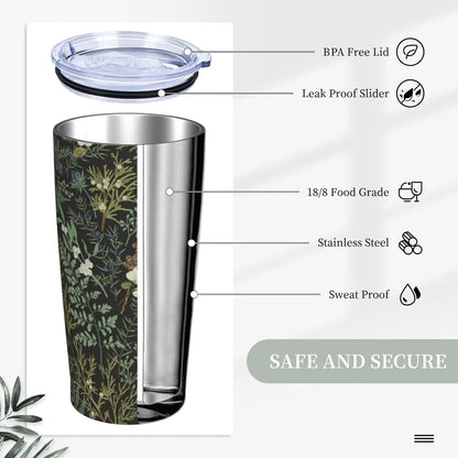 Botanical Print Floral Tumbler Coffee Mug with Lid Straw 20oz | Stainless Steel Insulated Tumblers Black Sage Green Spring Flower Plant Travel Mug Tea Wine Cup Water Bottle for Women Men
