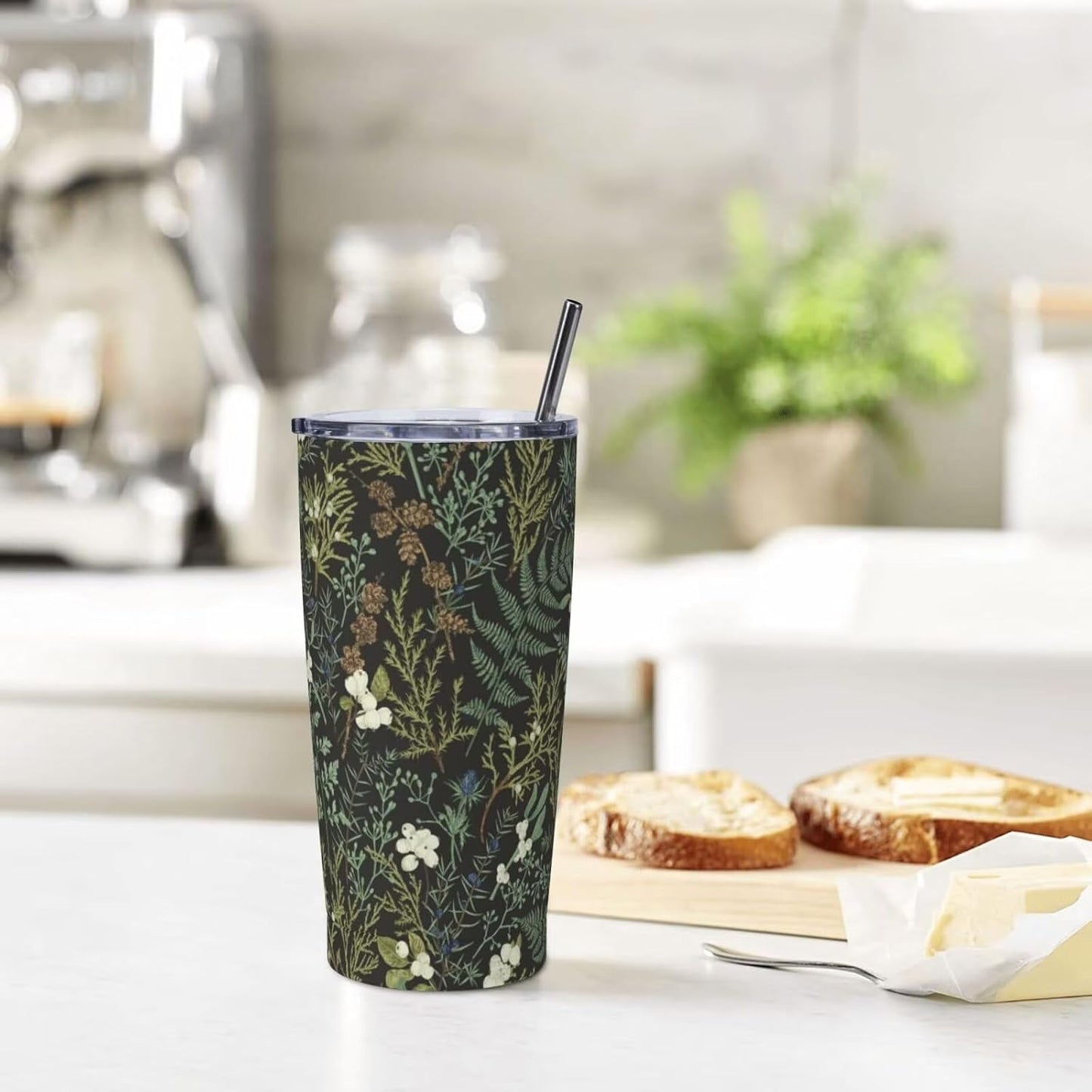 Botanical Print Floral Tumbler Coffee Mug with Lid Straw 20oz | Stainless Steel Insulated Tumblers Black Sage Green Spring Flower Plant Travel Mug Tea Wine Cup Water Bottle for Women Men