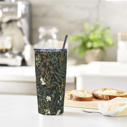 Botanical Print Floral Tumbler Coffee Mug with Lid Straw 20oz | Stainless Steel Insulated Tumblers Black Sage Green Spring Flower Plant Travel Mug Tea Wine Cup Water Bottle for Women Men