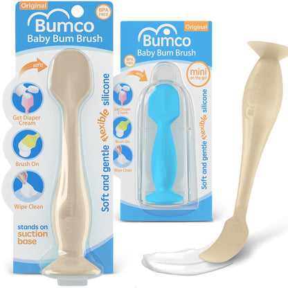 Bumco + Mini Baby Diaper Cream Spatula with Case - BPA-Free Silicone Diaper Spatula with Suction Cup, Wipe-Clean, Mom-Invented Butt Paste Applicator (Sand & Blue)