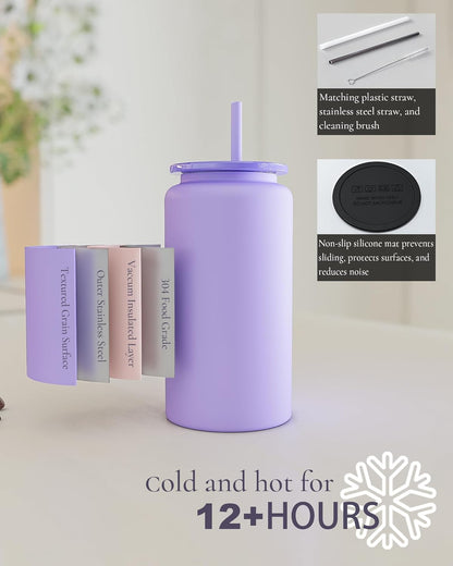 16 oz Tumbler, Insulated Tumbler with Straw, Iced Coffee Tumbler | Reusable Iced Coffee Cup with Lid and Straw, Stainless Steel Tumbler with Straw, Sky Blue, Textured Matte Finish