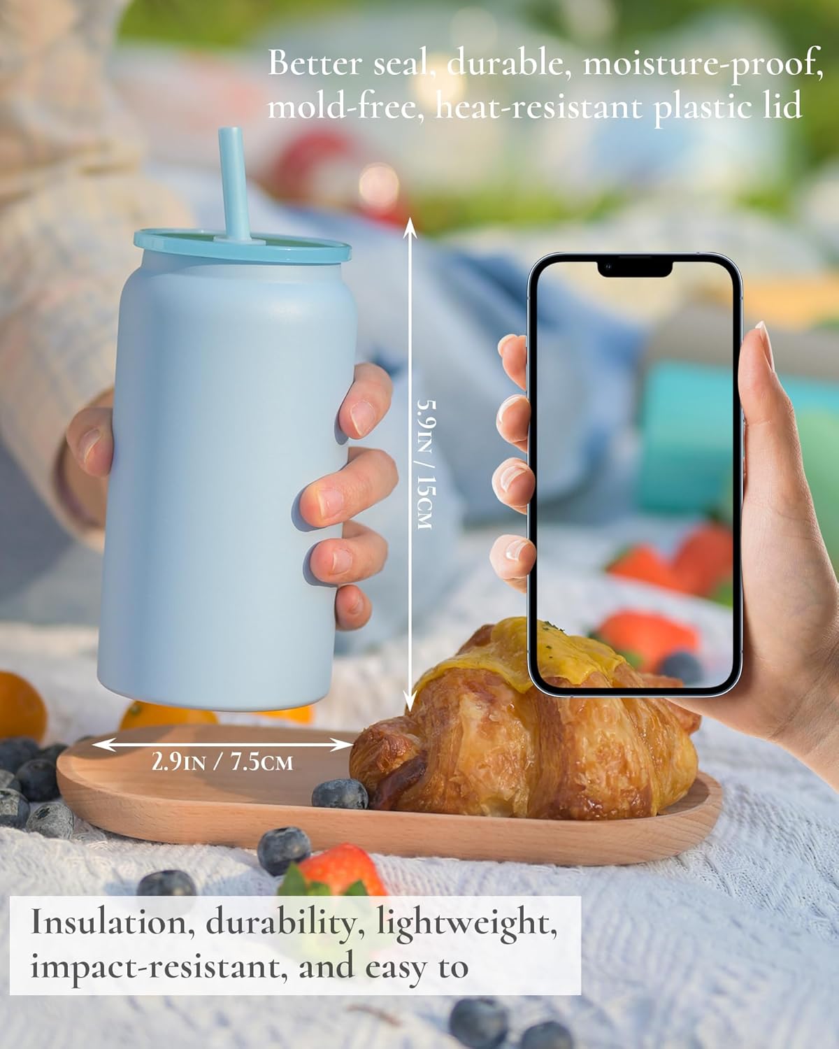 16 oz Tumbler, Insulated Tumbler with Straw, Iced Coffee Tumbler | Reusable Iced Coffee Cup with Lid and Straw, Stainless Steel Tumbler with Straw, Sky Blue, Textured Matte Finish