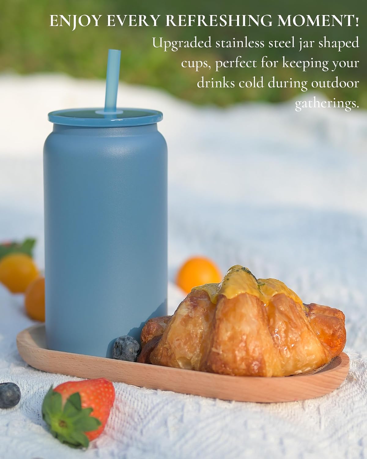 16 oz Tumbler, Insulated Tumbler with Straw, Iced Coffee Tumbler | Reusable Iced Coffee Cup with Lid and Straw, Stainless Steel Tumbler with Straw, Sky Blue, Textured Matte Finish
