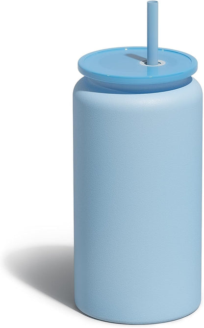 16 oz Tumbler, Insulated Tumbler with Straw, Iced Coffee Tumbler | Reusable Iced Coffee Cup with Lid and Straw, Stainless Steel Tumbler with Straw, Sky Blue, Textured Matte Finish