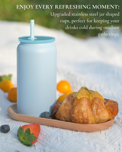 16 oz Tumbler, Insulated Tumbler with Straw, Iced Coffee Tumbler | Reusable Iced Coffee Cup with Lid and Straw, Stainless Steel Tumbler with Straw, Sky Blue, Textured Matte Finish