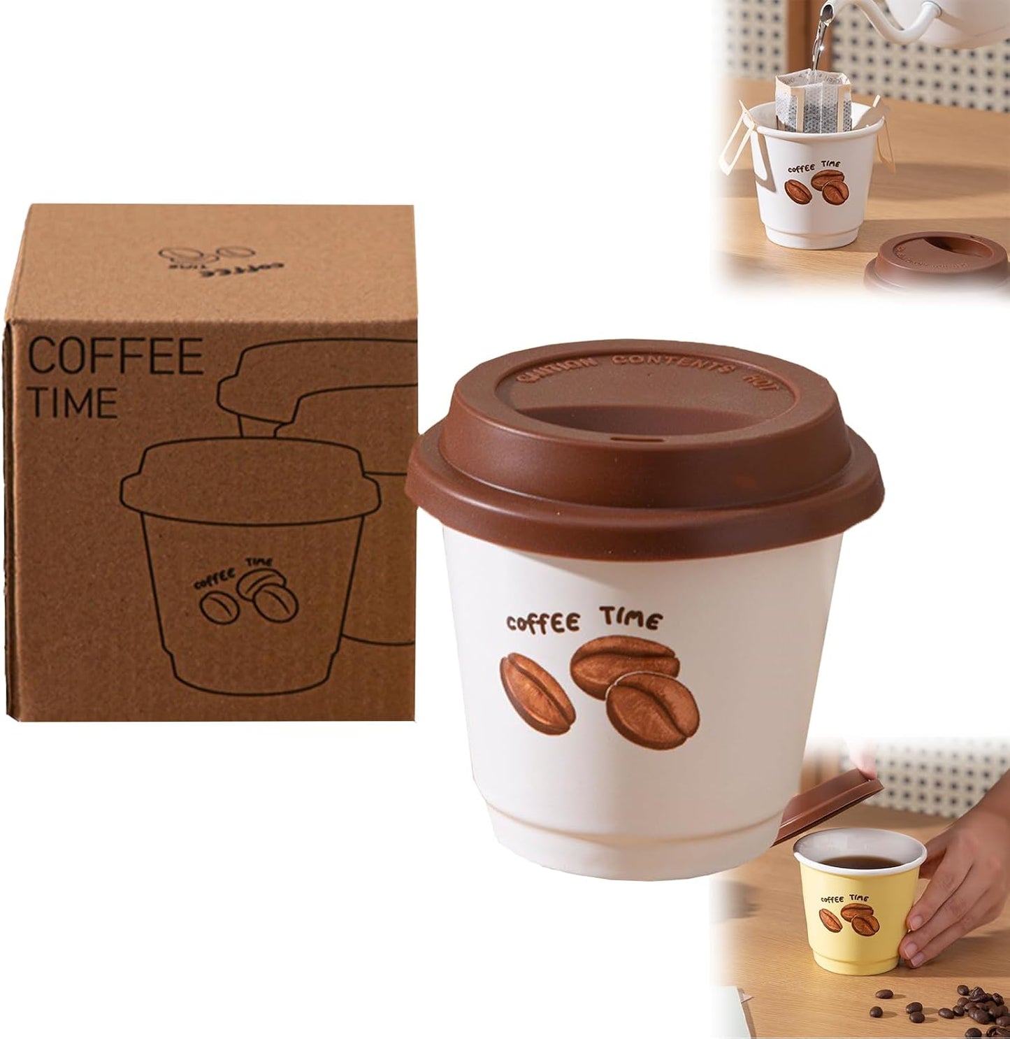 Ceramic Travel Coffee Cup with Lid, Reusable Coffee Mug for Desk，White | Ceramic Travel Coffee Cup with Silicone Lid, Lightweight Reusable To Go Coffee Cup for Office, Home, Picnic and Daily Use