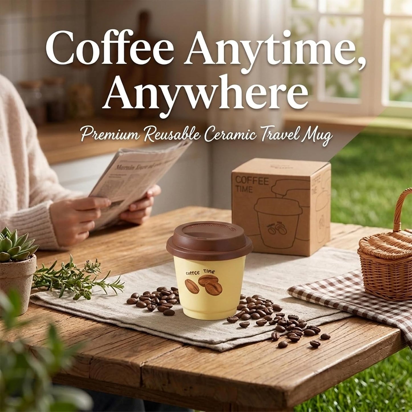 Ceramic Travel Coffee Cup with Lid, Reusable Coffee Mug for Desk，White | Ceramic Travel Coffee Cup with Silicone Lid, Lightweight Reusable To Go Coffee Cup for Office, Home, Picnic and Daily Use