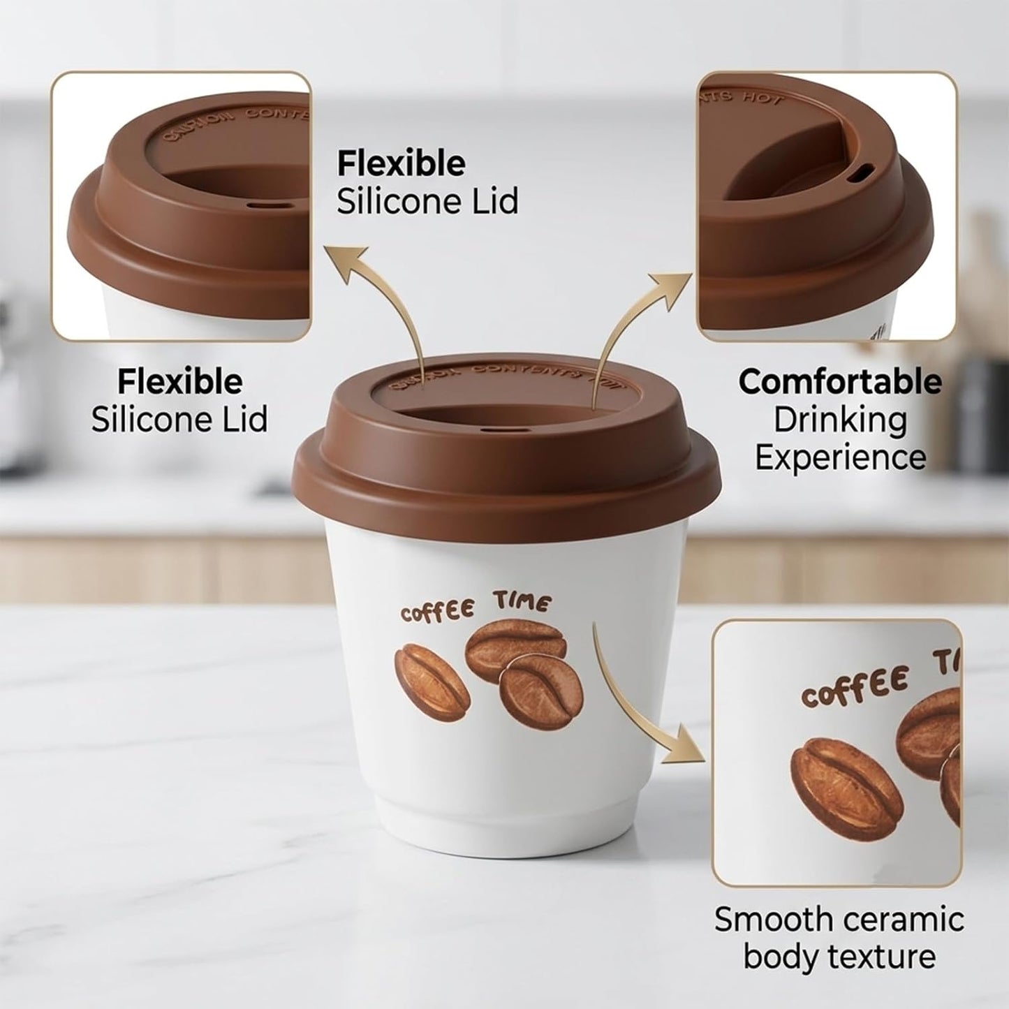 Ceramic Travel Coffee Cup with Lid, Reusable Coffee Mug for Desk，White | Ceramic Travel Coffee Cup with Silicone Lid, Lightweight Reusable To Go Coffee Cup for Office, Home, Picnic and Daily Use