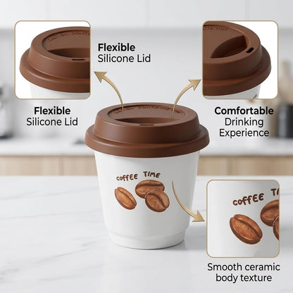 Ceramic Travel Coffee Cup with Lid, Reusable Coffee Mug for Desk，White | Ceramic Travel Coffee Cup with Silicone Lid, Lightweight Reusable To Go Coffee Cup for Office, Home, Picnic and Daily Use