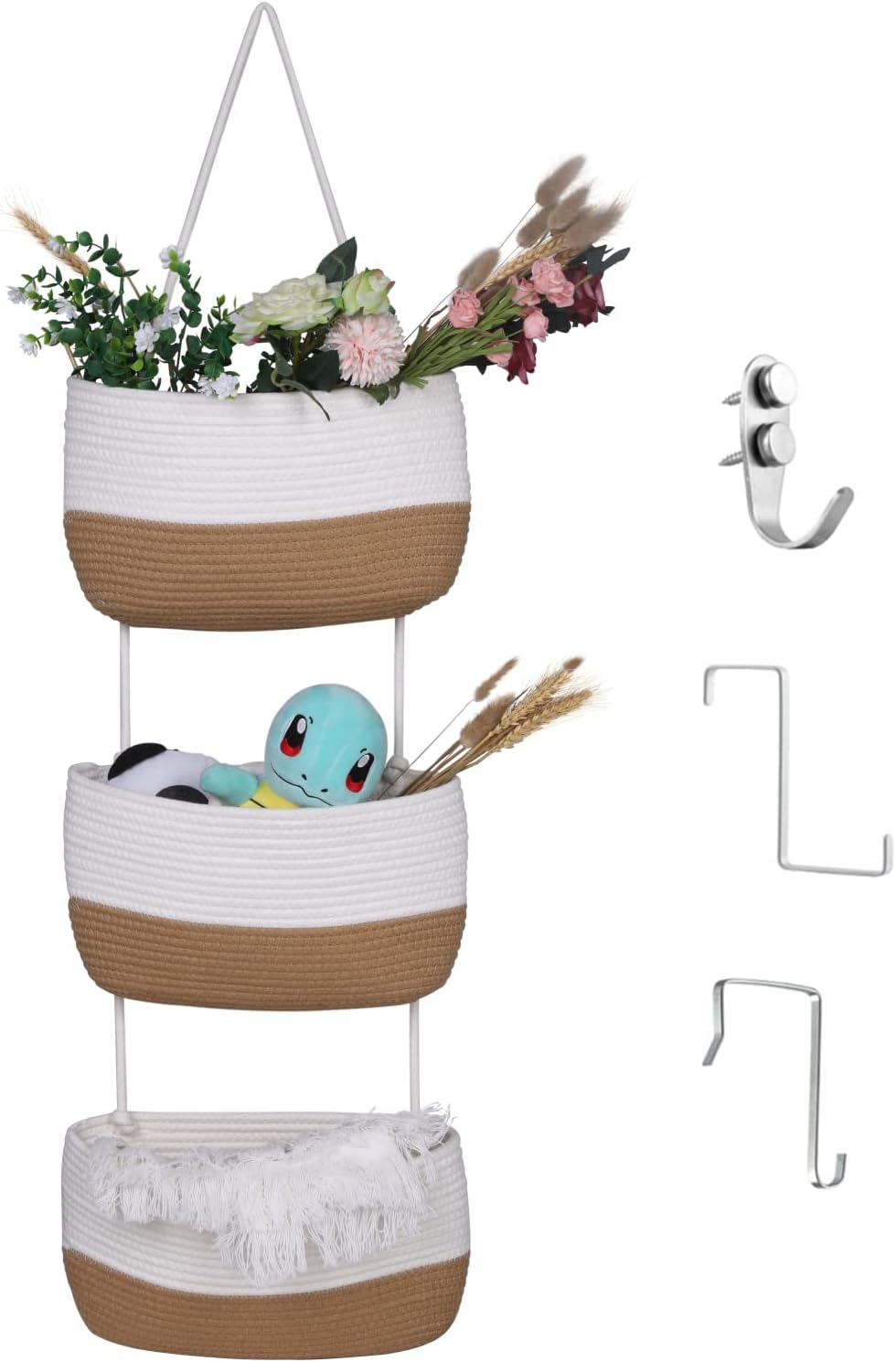 Over the Door Organizer, Honizer Wall Hanging Storage Basket, 3-Tier Cotton Rope Woven Hanging Baskets for Organizing, Nursery, Bedroom, Bathroom, Living Room- Jute&White (3 Hooks included)