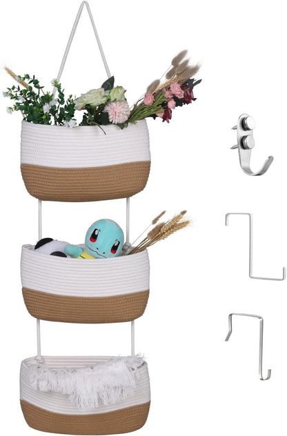 Over the Door Organizer, Honizer Wall Hanging Storage Basket, 3-Tier Cotton Rope Woven Hanging Baskets for Organizing, Nursery, Bedroom, Bathroom, Living Room- Jute&White (3 Hooks included)