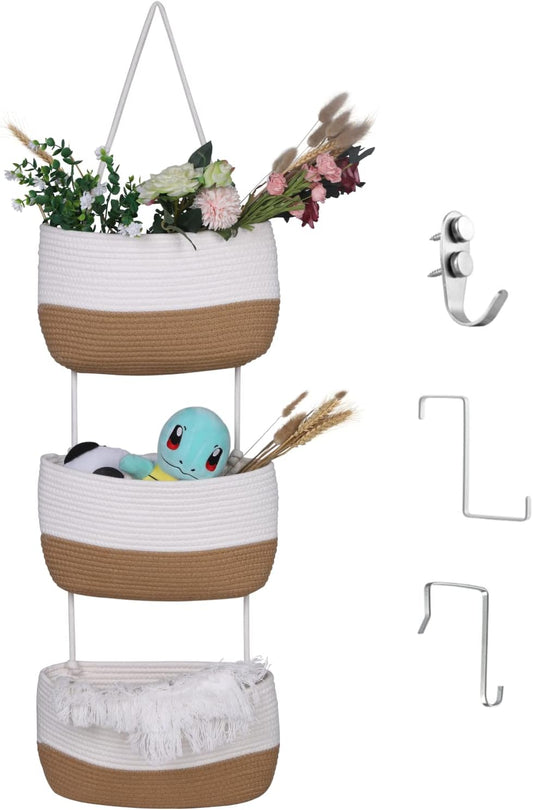Over the Door Organizer, Honizer Wall Hanging Storage Basket, 3-Tier Cotton Rope Woven Hanging Baskets for Organizing, Nursery, Bedroom, Bathroom, Living Room- Jute&White (3 Hooks included)