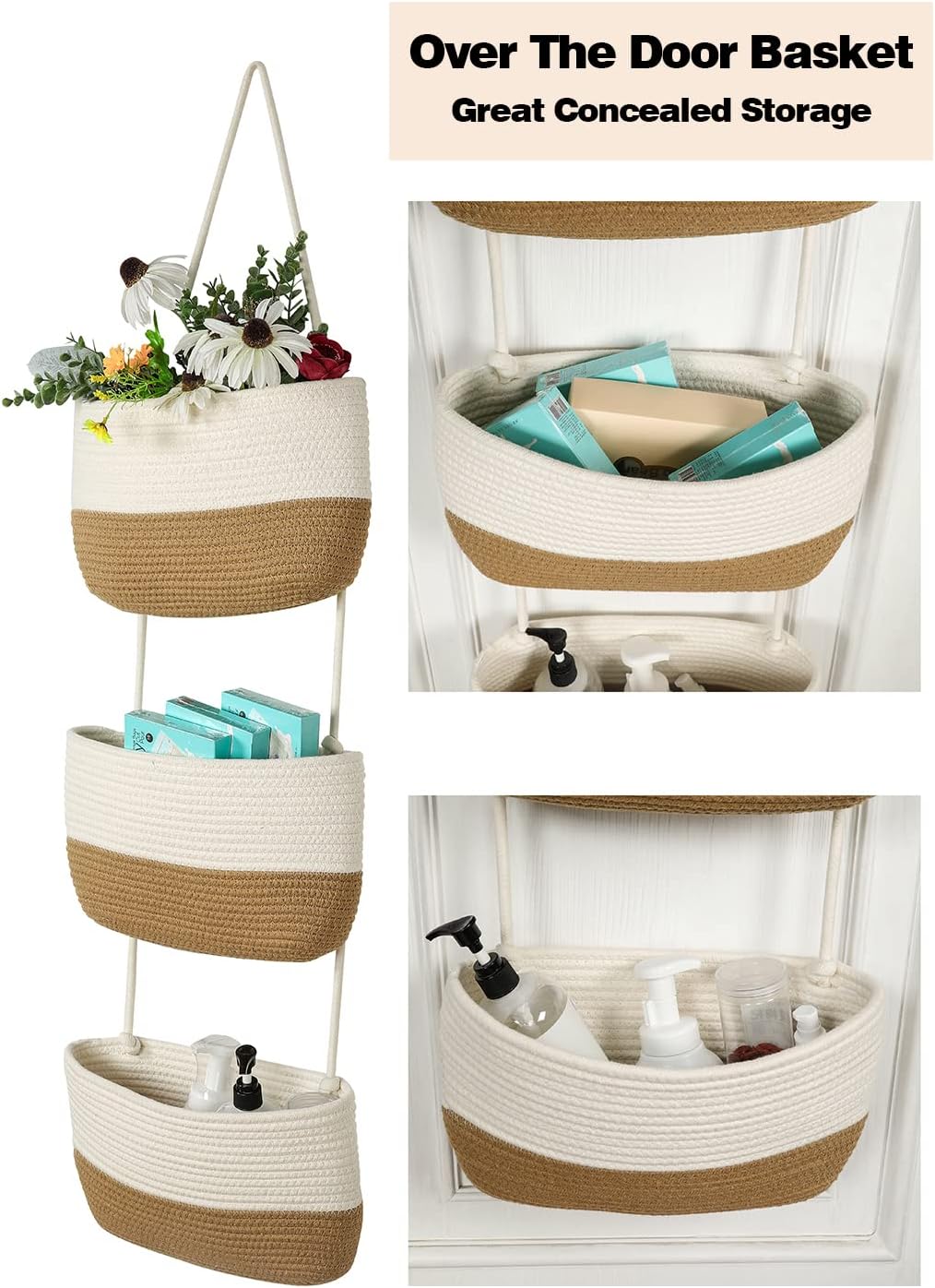 Over the Door Organizer, Honizer Wall Hanging Storage Basket, 3-Tier Cotton Rope Woven Hanging Baskets for Organizing, Nursery, Bedroom, Bathroom, Living Room- Jute&White (3 Hooks included)