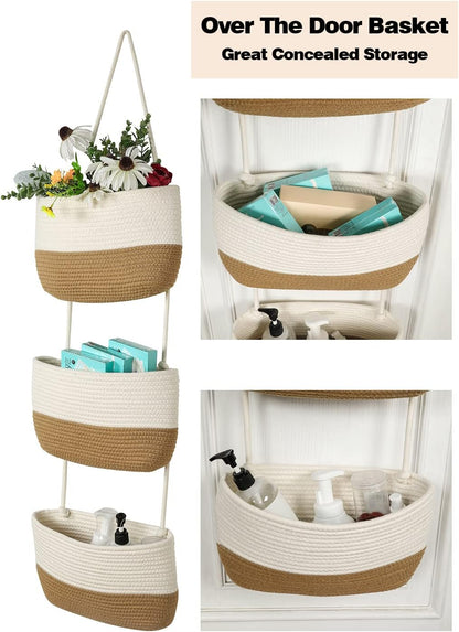 Over the Door Organizer, Honizer Wall Hanging Storage Basket, 3-Tier Cotton Rope Woven Hanging Baskets for Organizing, Nursery, Bedroom, Bathroom, Living Room- Jute&White (3 Hooks included)