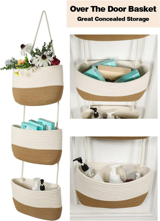 Over the Door Organizer, Honizer Wall Hanging Storage Basket, 3-Tier Cotton Rope Woven Hanging Baskets for Organizing, Nursery, Bedroom, Bathroom, Living Room- Jute&White (3 Hooks included)