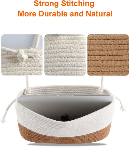 Over the Door Organizer, Honizer Wall Hanging Storage Basket, 3-Tier Cotton Rope Woven Hanging Baskets for Organizing, Nursery, Bedroom, Bathroom, Living Room- Jute&White (3 Hooks included)