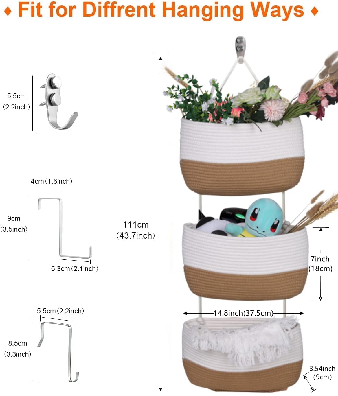 Over the Door Organizer, Honizer Wall Hanging Storage Basket, 3-Tier Cotton Rope Woven Hanging Baskets for Organizing, Nursery, Bedroom, Bathroom, Living Room- Jute&White (3 Hooks included)