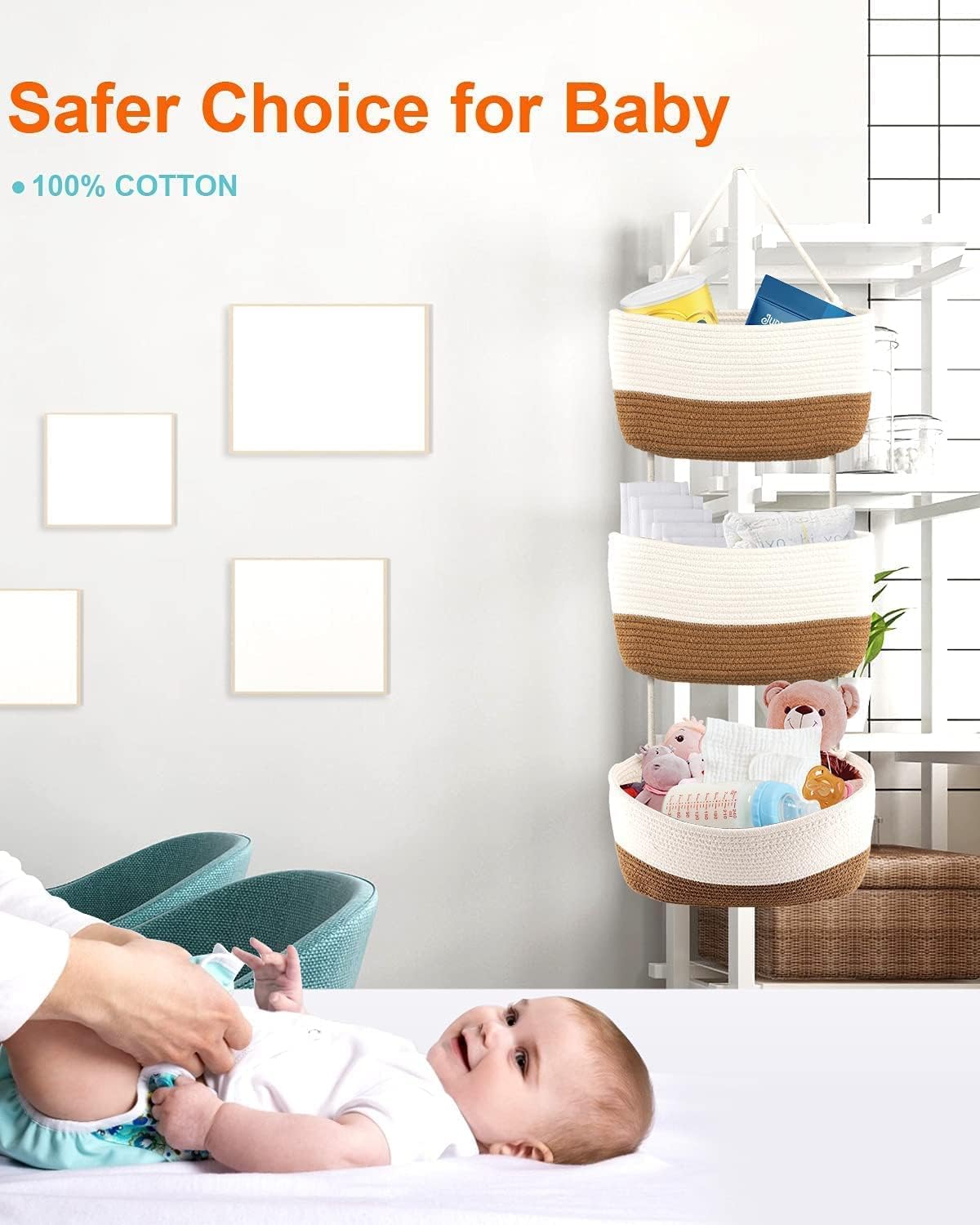 Over the Door Organizer, Honizer Wall Hanging Storage Basket, 3-Tier Cotton Rope Woven Hanging Baskets for Organizing, Nursery, Bedroom, Bathroom, Living Room- Jute&White (3 Hooks included)