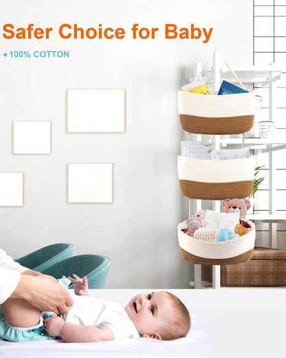 Over the Door Organizer, Honizer Wall Hanging Storage Basket, 3-Tier Cotton Rope Woven Hanging Baskets for Organizing, Nursery, Bedroom, Bathroom, Living Room- Jute&White (3 Hooks included)