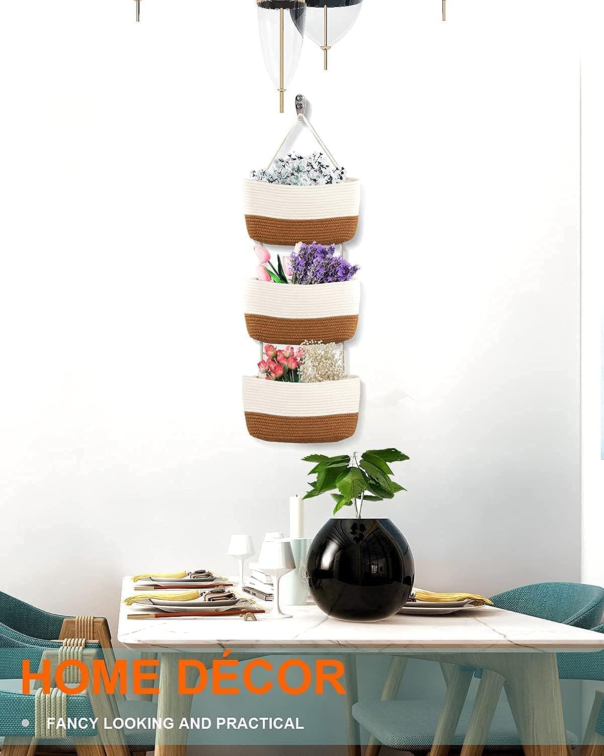 Over the Door Organizer, Honizer Wall Hanging Storage Basket, 3-Tier Cotton Rope Woven Hanging Baskets for Organizing, Nursery, Bedroom, Bathroom, Living Room- Jute&White (3 Hooks included)
