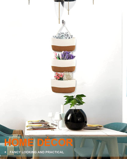 Over the Door Organizer, Honizer Wall Hanging Storage Basket, 3-Tier Cotton Rope Woven Hanging Baskets for Organizing, Nursery, Bedroom, Bathroom, Living Room- Jute&White (3 Hooks included)