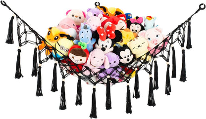 Large Stuffed Animal Net Toy Hammock with Tassel-Corner Hanging Net for Plush Toy Holder Boho Macrame Toy Display,Toy Storage Organizer for Kids Room, Nursery, Bedroom