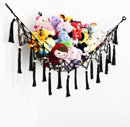 Large Stuffed Animal Net Toy Hammock with Tassel-Corner Hanging Net for Plush Toy Holder Boho Macrame Toy Display,Toy Storage Organizer for Kids Room, Nursery, Bedroom
