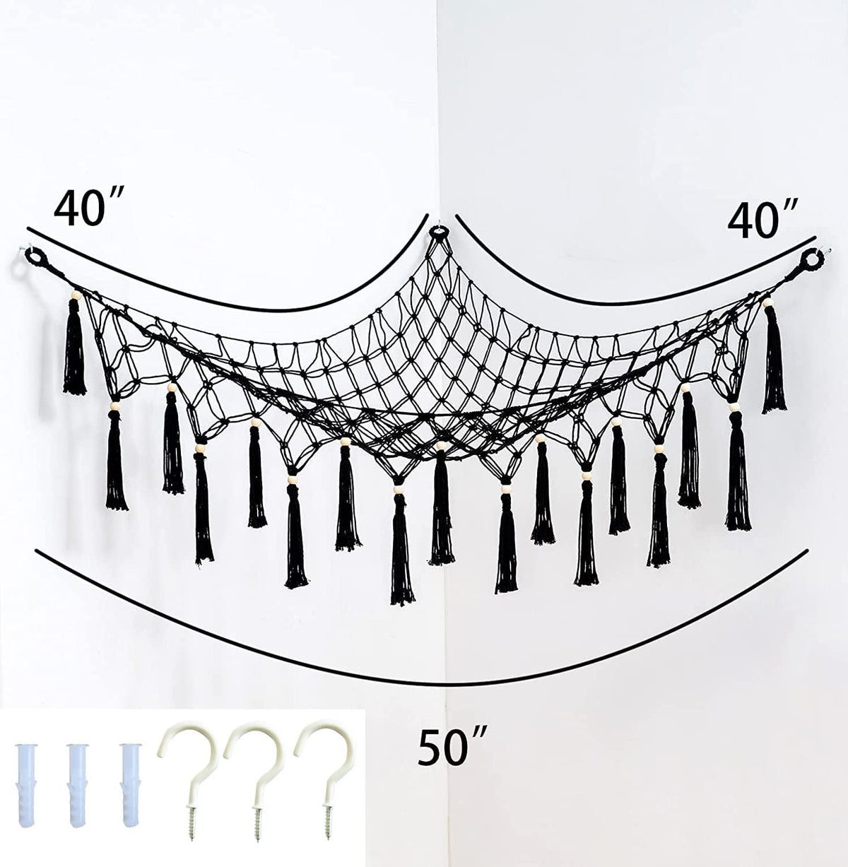 Large Stuffed Animal Net Toy Hammock with Tassel-Corner Hanging Net for Plush Toy Holder Boho Macrame Toy Display,Toy Storage Organizer for Kids Room, Nursery, Bedroom