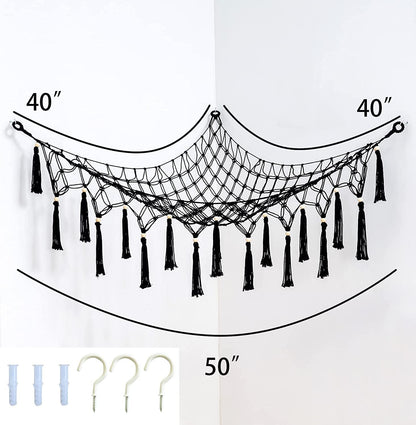 Large Stuffed Animal Net Toy Hammock with Tassel-Corner Hanging Net for Plush Toy Holder Boho Macrame Toy Display,Toy Storage Organizer for Kids Room, Nursery, Bedroom