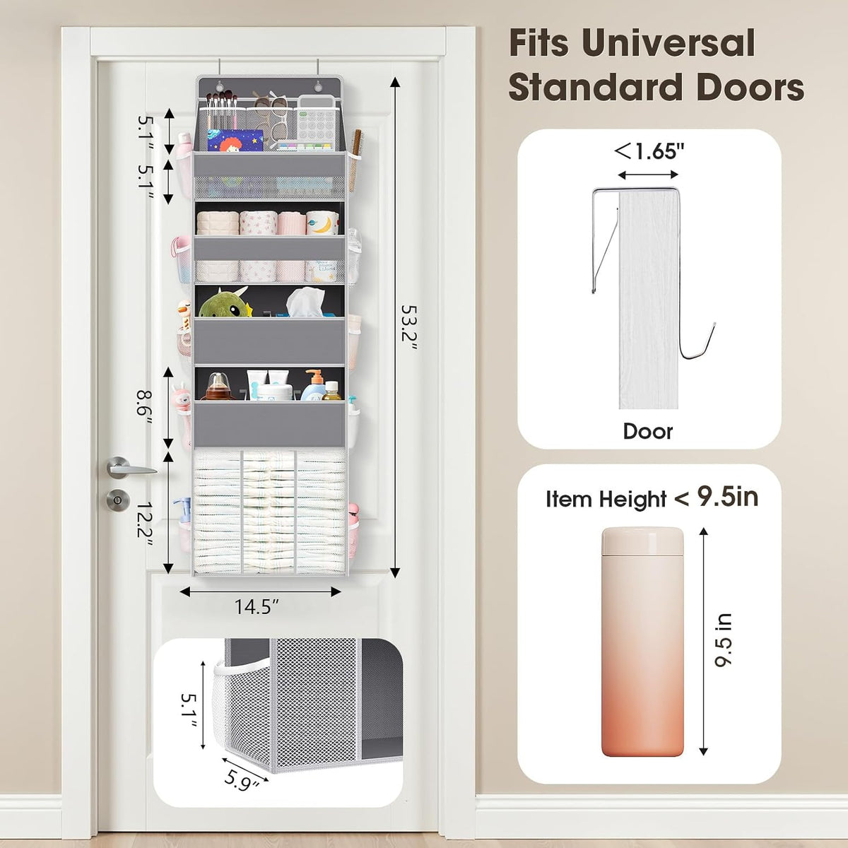 5-Tier Over the Door Organizer for Nursery Hanging, Gray